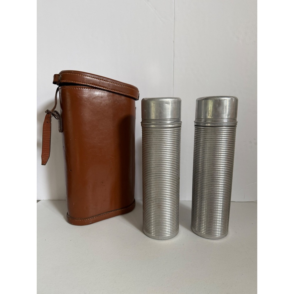 Vintage Thermos Aluminum Ribbed Flask Set Vacuum with Brown Leather Carry Case